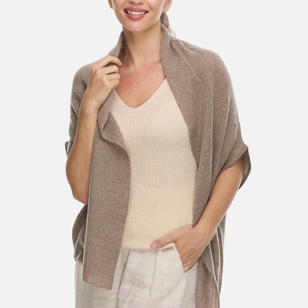 Taupe tan 100% cashmere cardigan wrap sweater